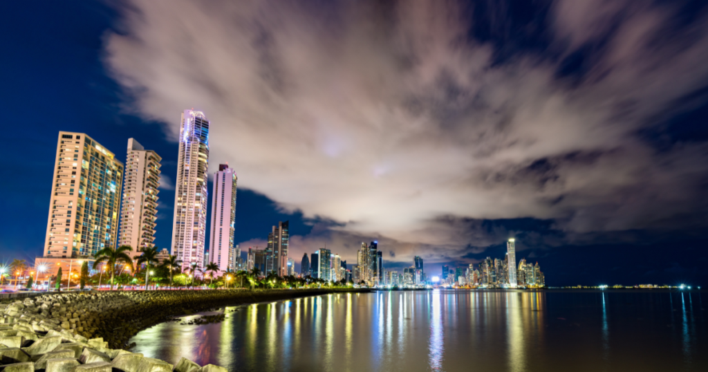 Panama city buildings at night